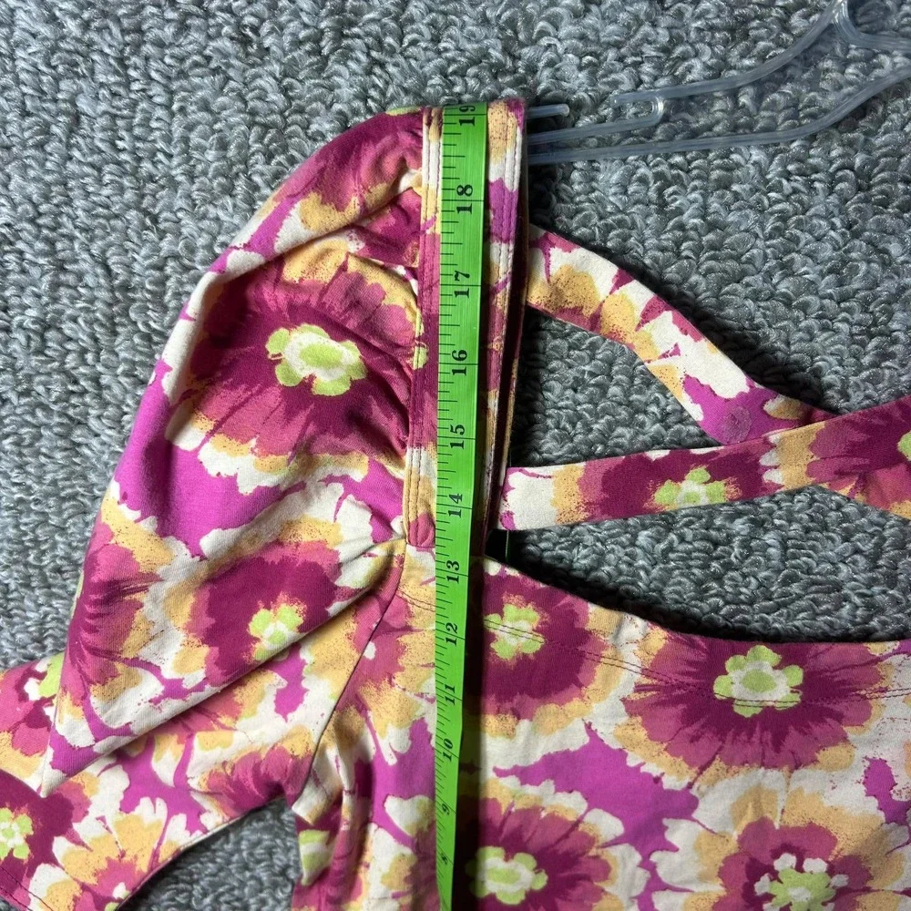 Free People Floral Crop‎ Top Pink Yellow Cross Back Puff Sleeve Womens Large